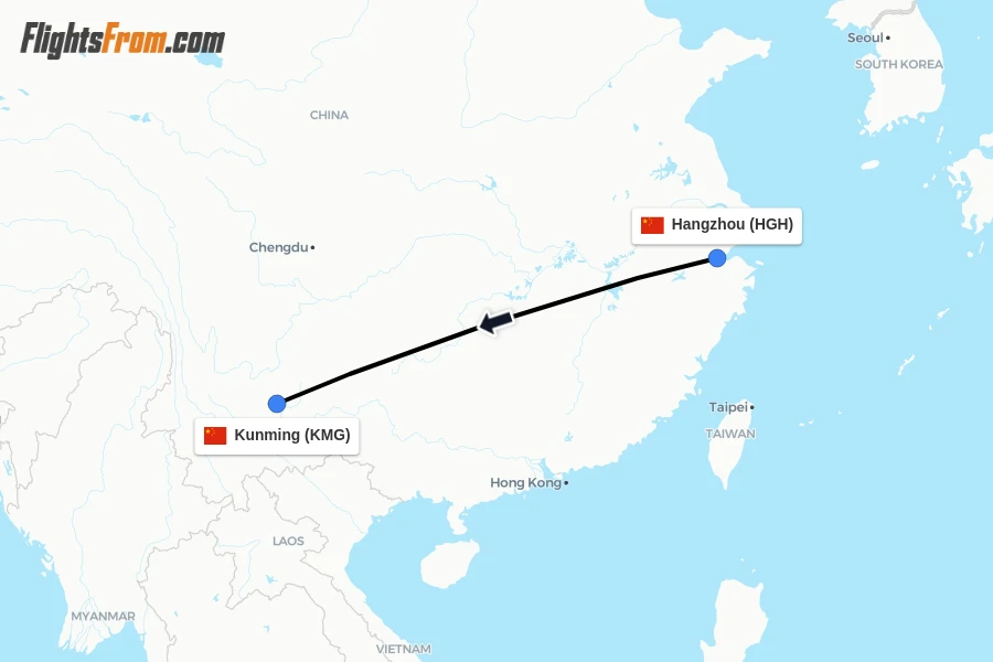 Flights from Hangzhou to Kunming route map