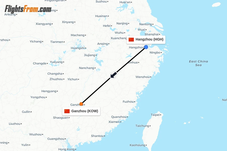 Flights from Hangzhou to Ganzhou route map