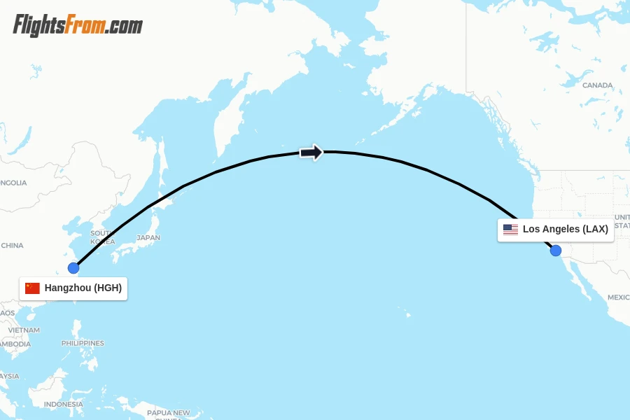 Flights from Hangzhou to Los Angeles route map
