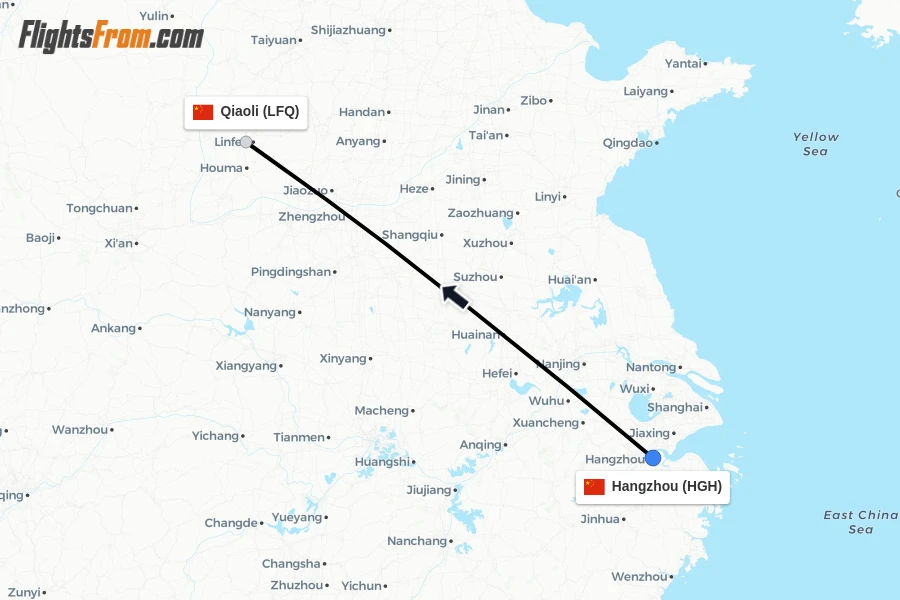Flights from Hangzhou to Qiaoli route map