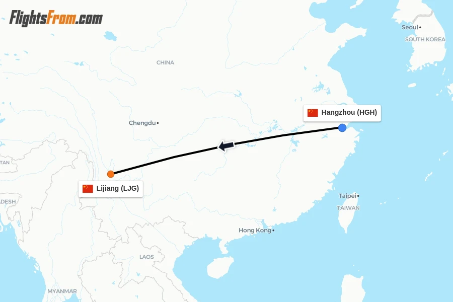 Flights from Hangzhou to Lijiang route map
