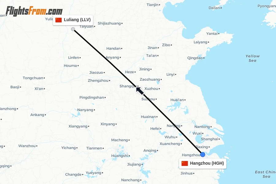 Flights from Hangzhou to Luliang route map