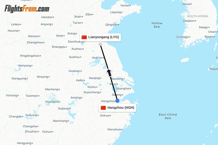 Flights from Hangzhou to Lianyungang route map