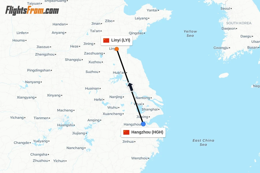 Flights from Hangzhou to Linyi route map