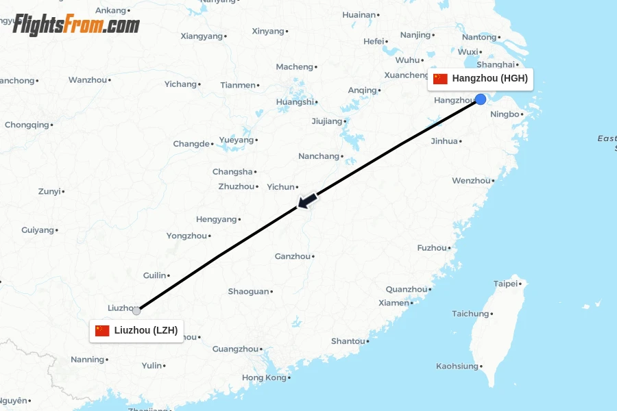 Flights from Hangzhou to Liuzhou route map