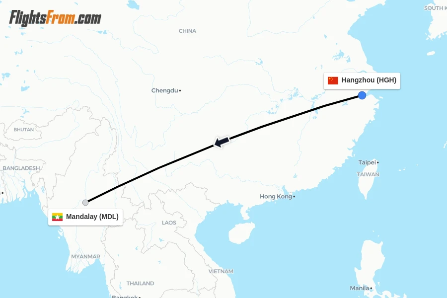 Flights from Hangzhou to Mandalay route map