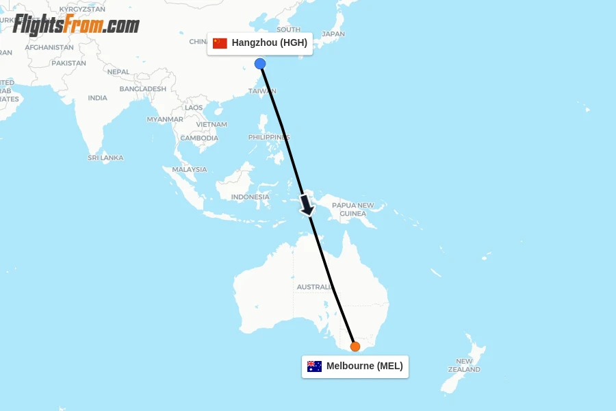 Flights from Hangzhou to Melbourne route map