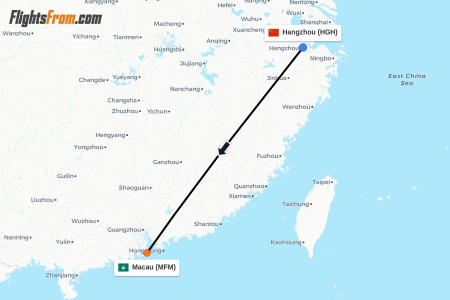 Flights from Hangzhou to Macau route map