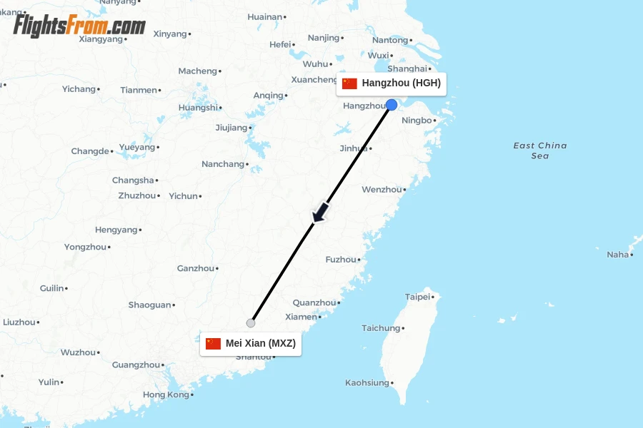 Flights from Hangzhou to Mei Xian route map