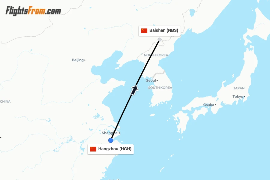 Flights from Hangzhou to Baishan route map