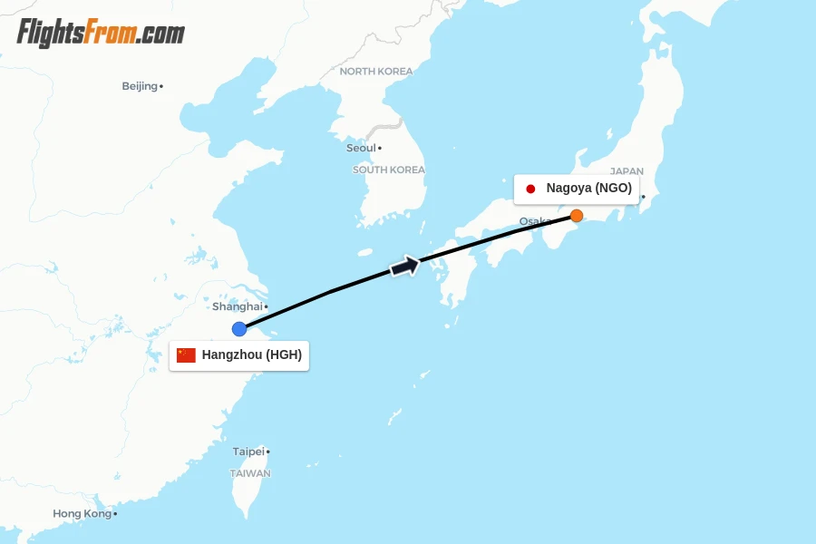 Flights from Hangzhou to Nagoya route map