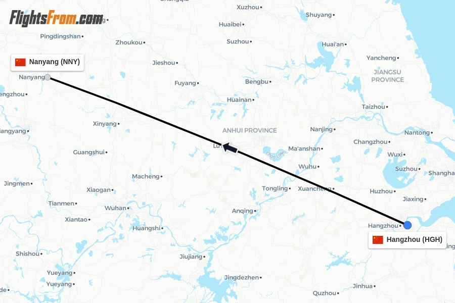 Flights from Hangzhou to Nanyang route map