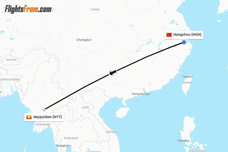 Flights from Hangzhou to Naypyidaw route map