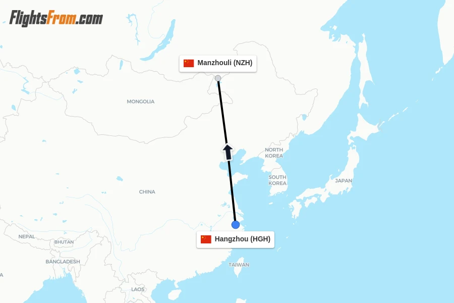 Flights from Hangzhou to Manzhouli route map