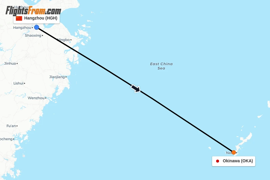 Flights from Hangzhou to Okinawa route map