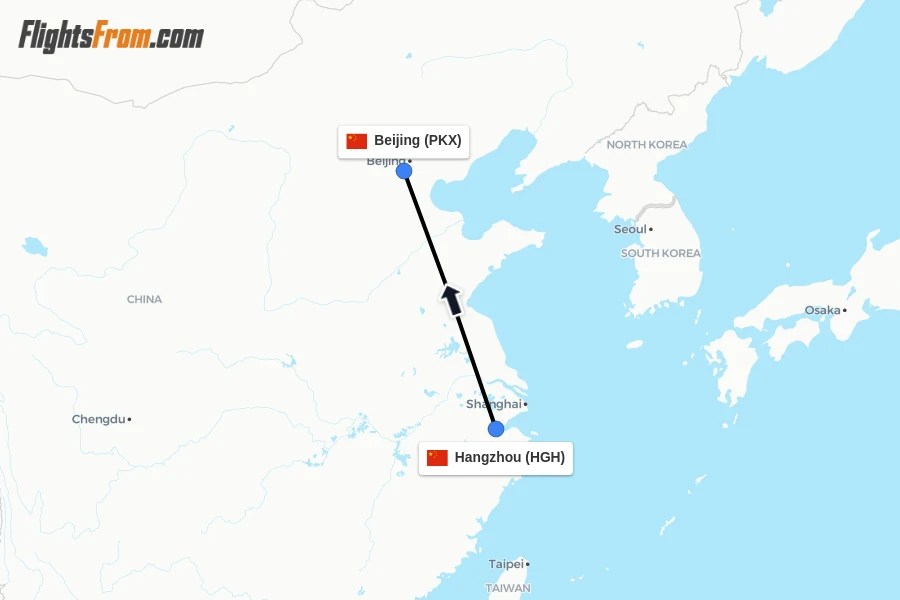 Flights from Hangzhou to Beijing route map