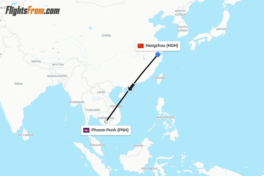 Flights from Hangzhou to Phnom Penh route map