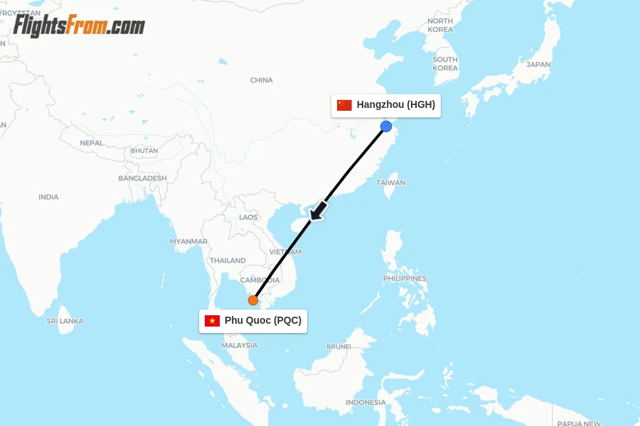 Flights from Hangzhou to Phu Quoc route map