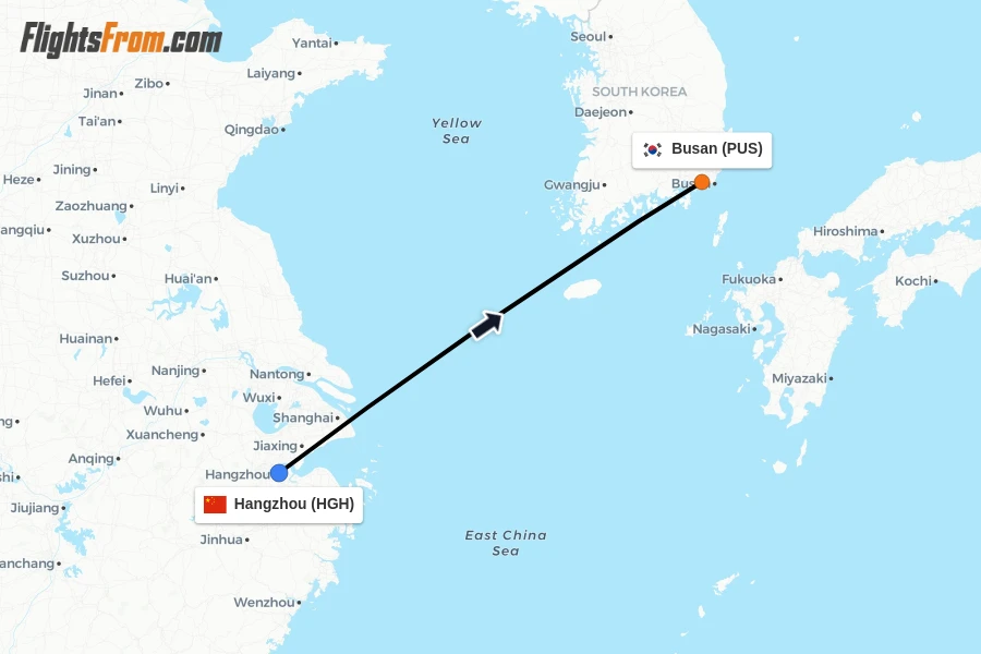 Flights from Hangzhou to Busan route map