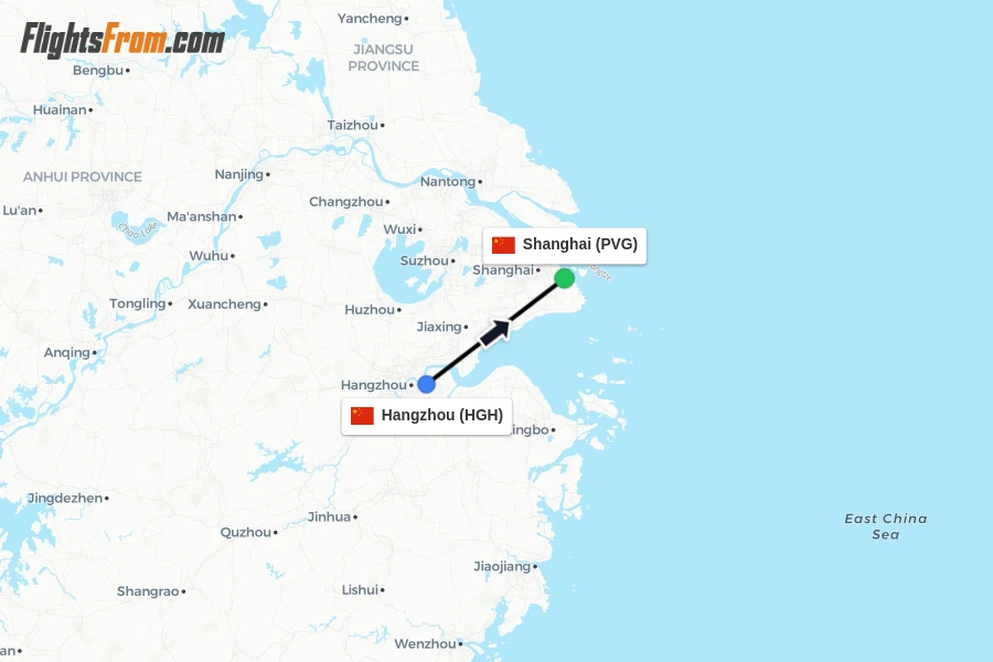 Flights from Hangzhou to Shanghai route map