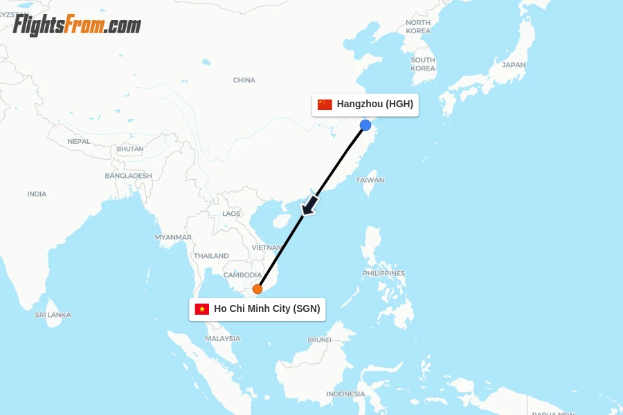 Flights from Hangzhou to Ho Chi Minh City route map