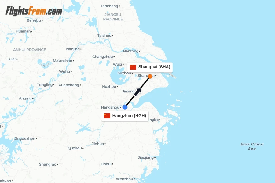 Flights from Hangzhou to Shanghai route map