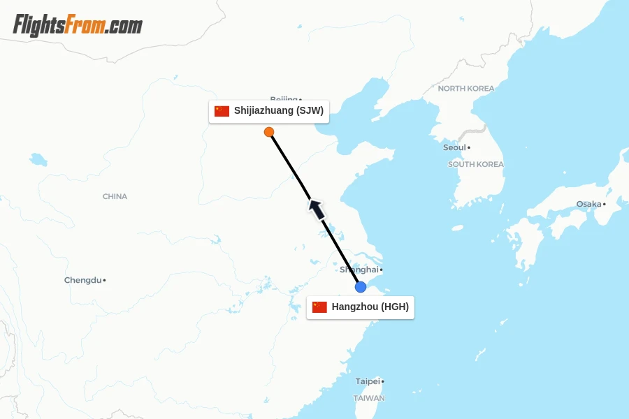Flights from Hangzhou to Shijiazhuang route map