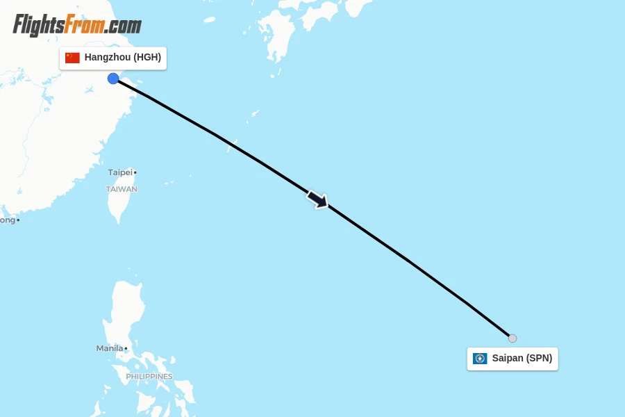 Flights from Hangzhou to Saipan route map