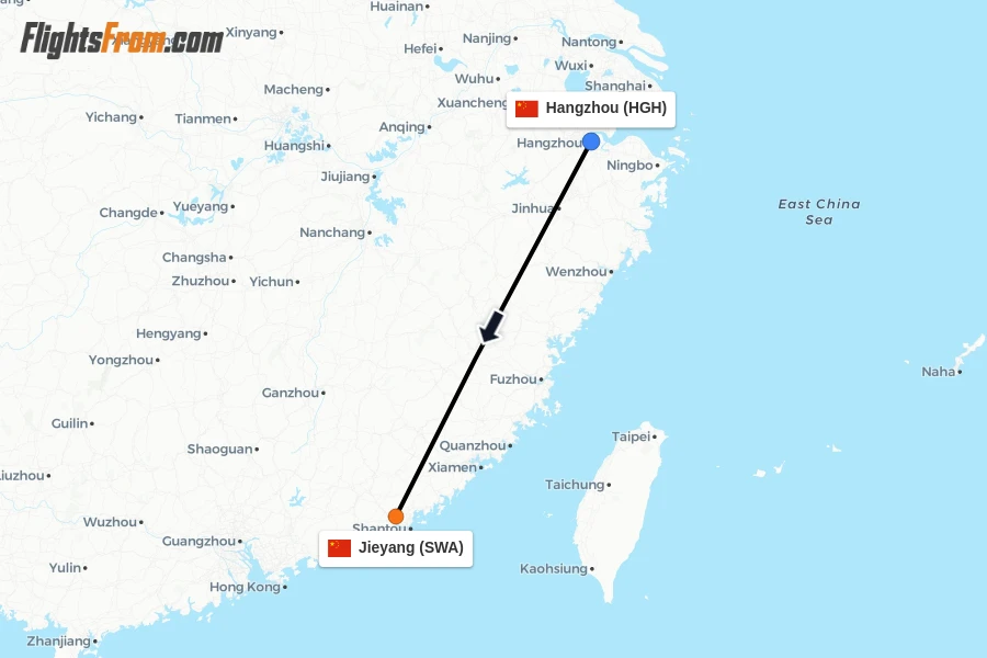 Flights from Hangzhou to Jieyang route map