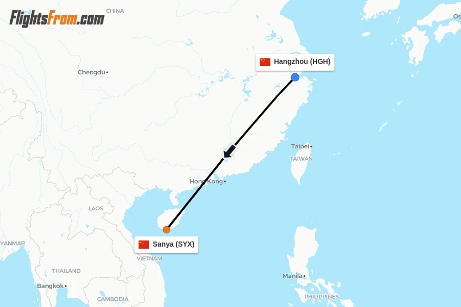 Flights from Hangzhou to Sanya route map