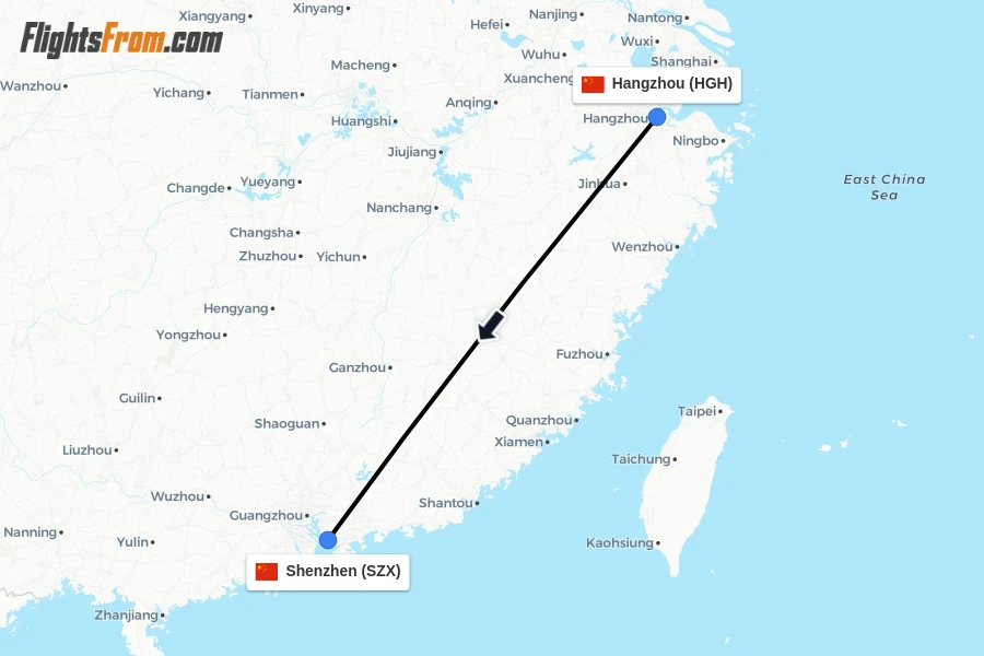 Flights from Hangzhou to Shenzhen route map