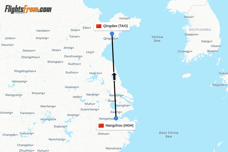 Flights from Hangzhou to Qingdao route map