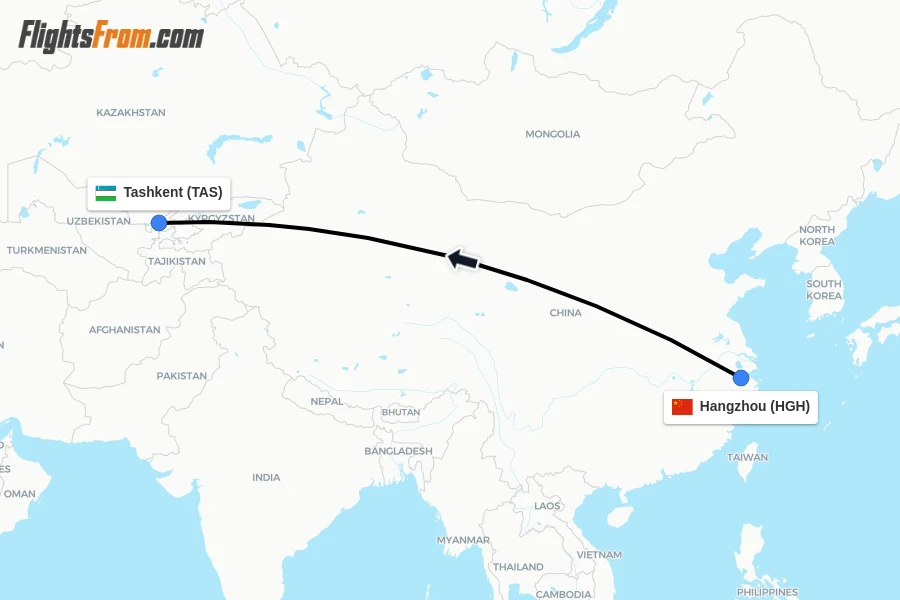 Flights from Hangzhou to Tashkent route map