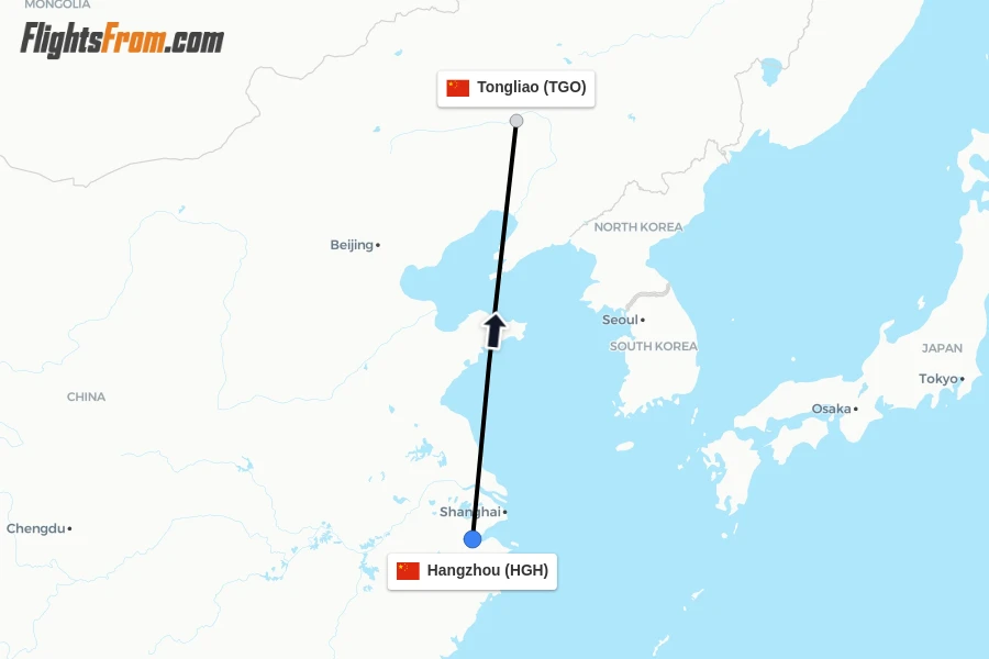 Flights from Hangzhou to Tongliao route map