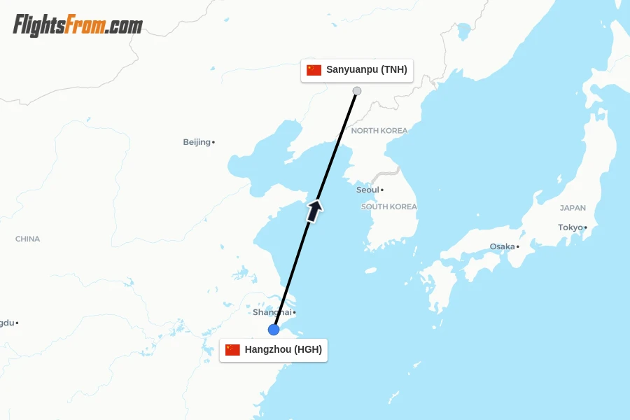 Flights from Hangzhou to Sanyuanpu route map