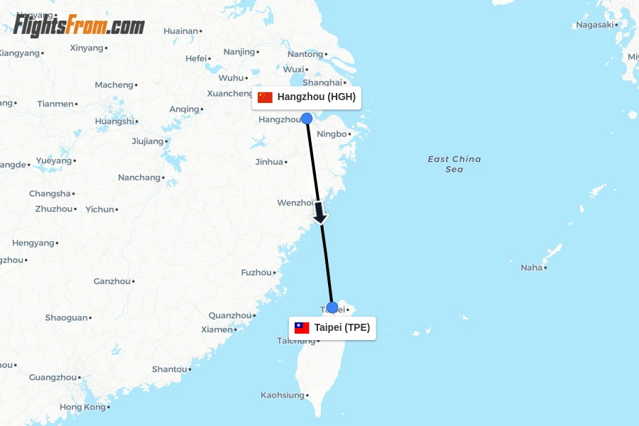 Flights from Hangzhou to Taipei route map