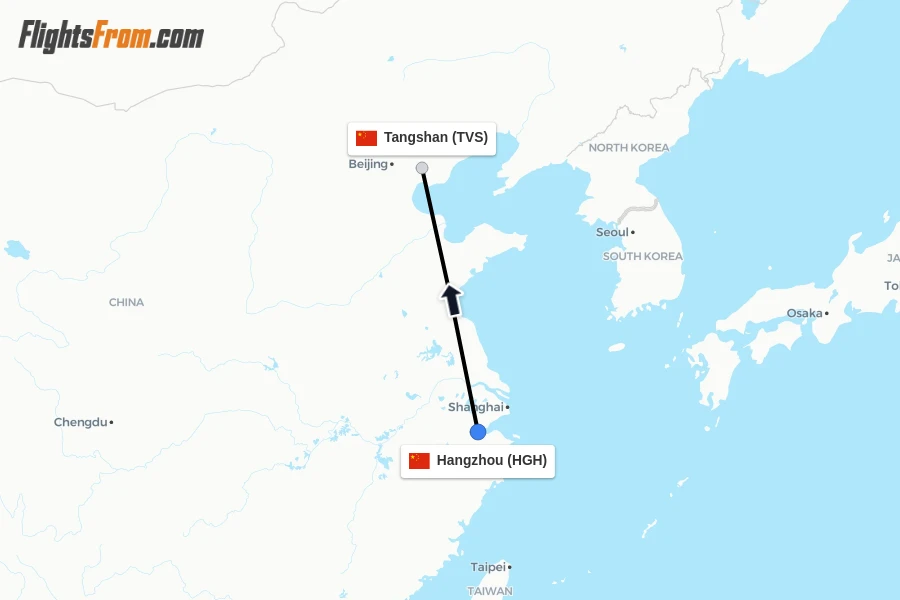 Flights from Hangzhou to Tangshan route map