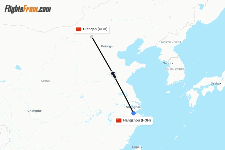 Flights from Hangzhou to Ulanqab route map