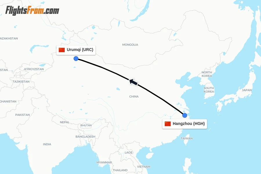 Flights from Hangzhou to Urumqi route map