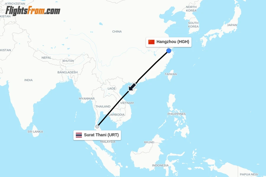 Flights from Hangzhou to Surat Thani route map