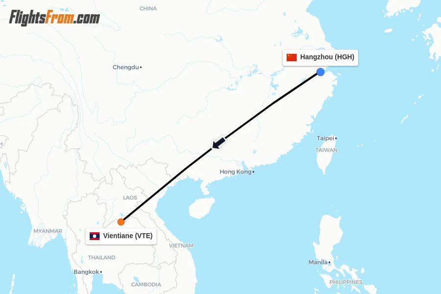 Flights from Hangzhou to Vientiane route map