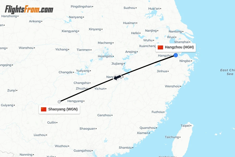 Flights from Hangzhou to Shaoyang route map