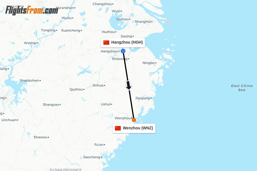 Flights from Hangzhou to Wenzhou route map