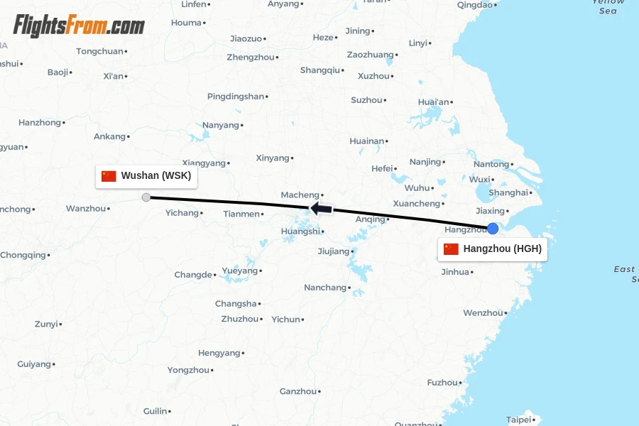Flights from Hangzhou to Wushan route map