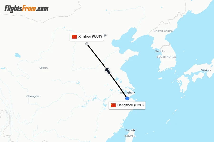 Flights from Hangzhou to Xinzhou route map