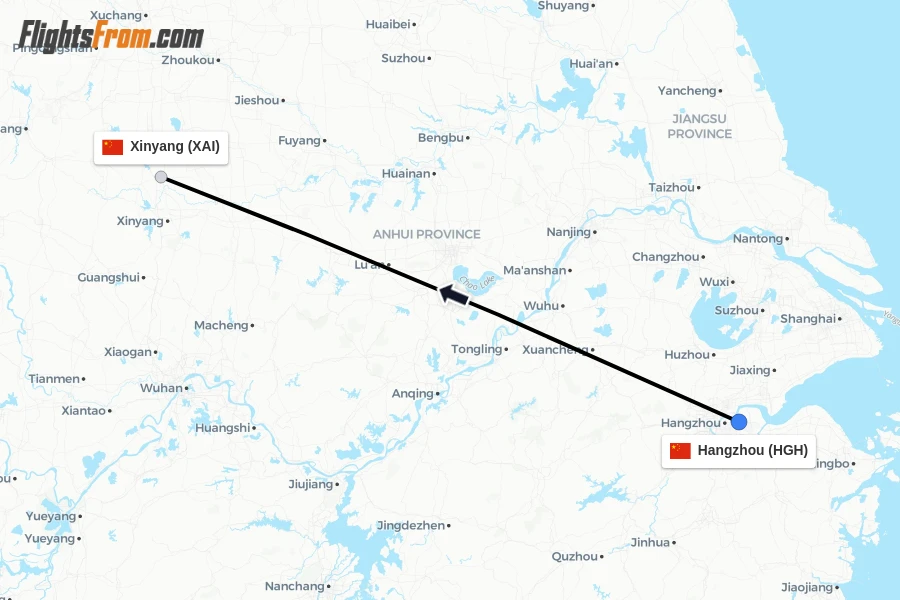 Flights from Hangzhou to Xinyang route map