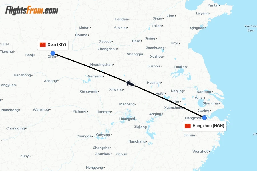 Flights from Hangzhou to Xian route map