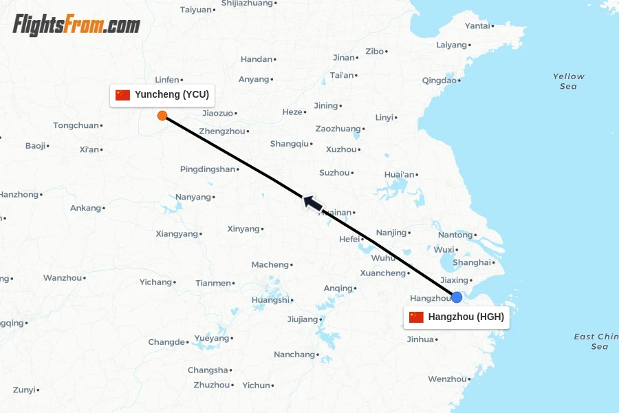 Flights from Hangzhou to Yuncheng route map