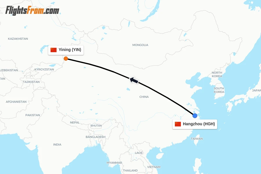 Flights from Hangzhou to Yining route map