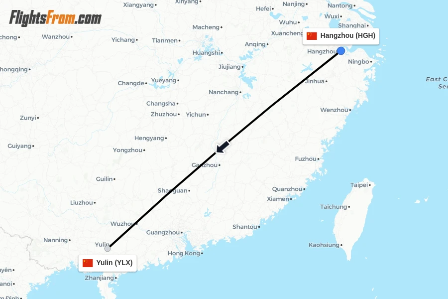Flights from Hangzhou to Yulin route map